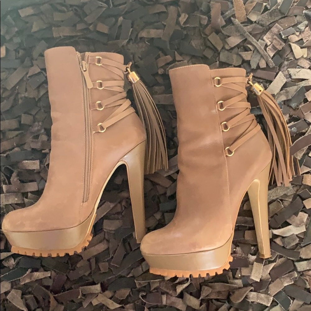 Bebe tan leather boots with tassels